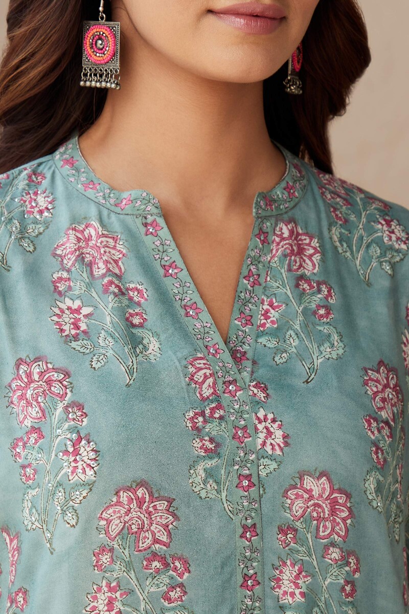 Green Hand Block-Printed Straight Viscose Kurta