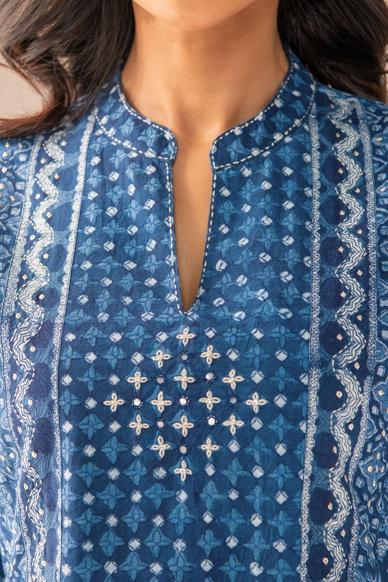 Indigo Hand Block-Printed Straight Cotton Slub Kurta