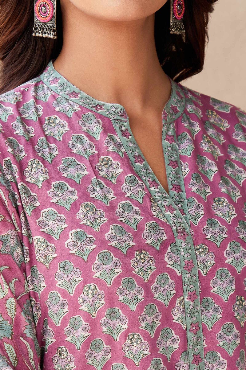 Pink Hand Block-Printed A-Line Viscose Kurta