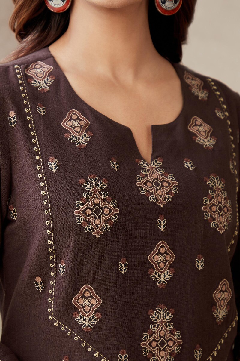 Brown Handcrafted Straight Cotton Linen Kurta
