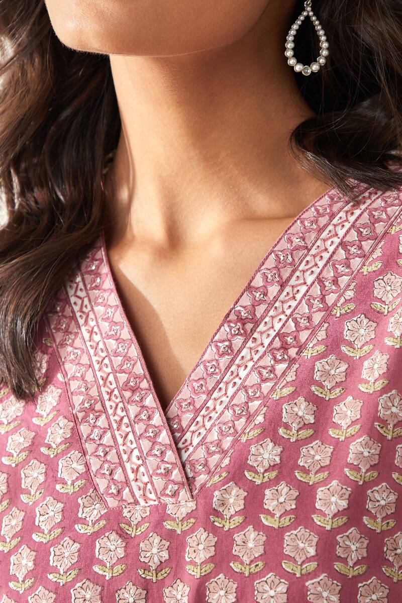 Purple Hand Block-Printed Straight Cotton Kurta