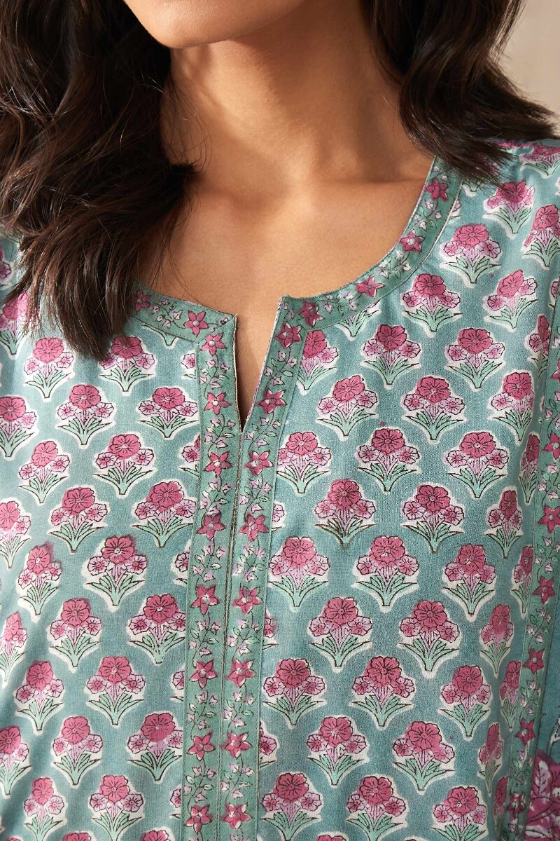 Green Hand Block-Printed Viscose Kaftan