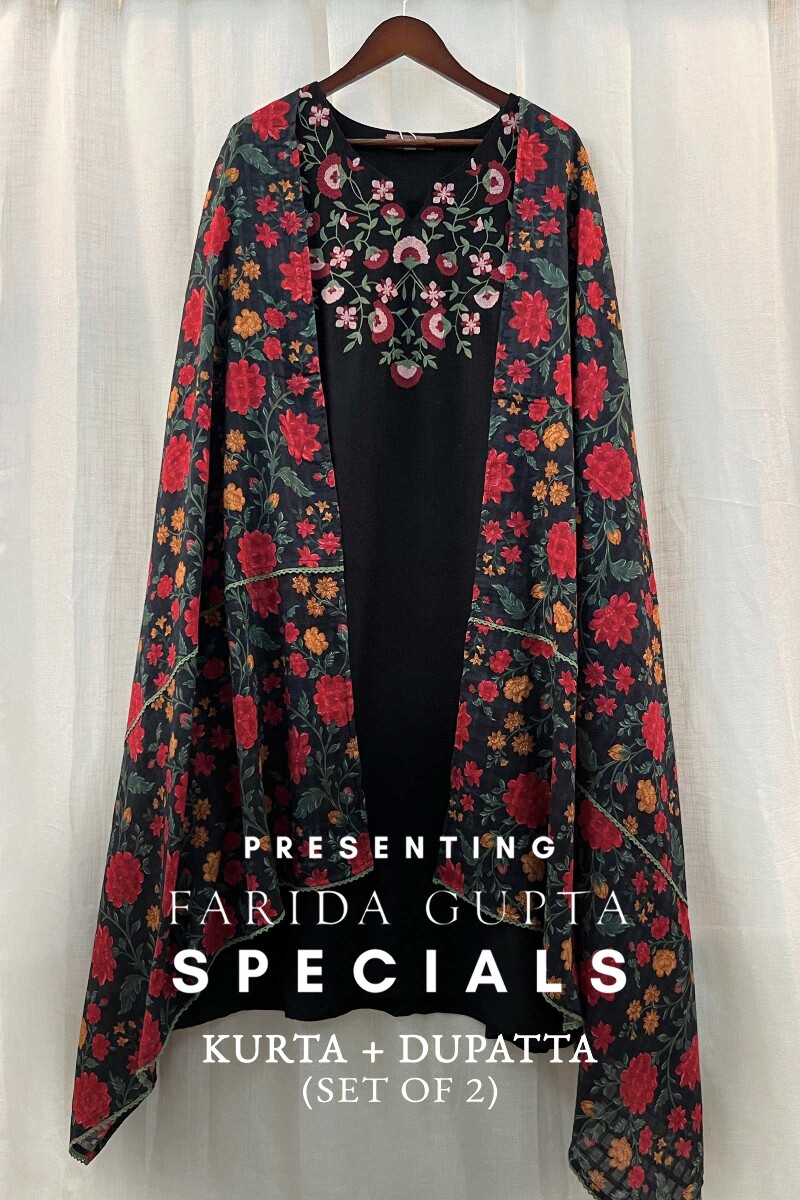 FG Specials: 1 of 1- Black Handcrafted Faux Wool Kurta & Dupatta