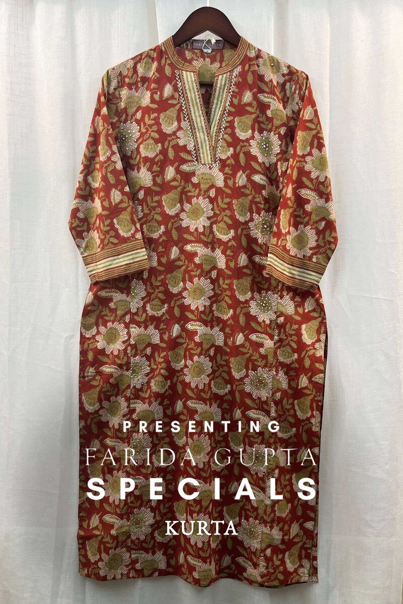 FG Specials: 1 of 1- Red Hand Block-Printed Straight Cotton Kurta