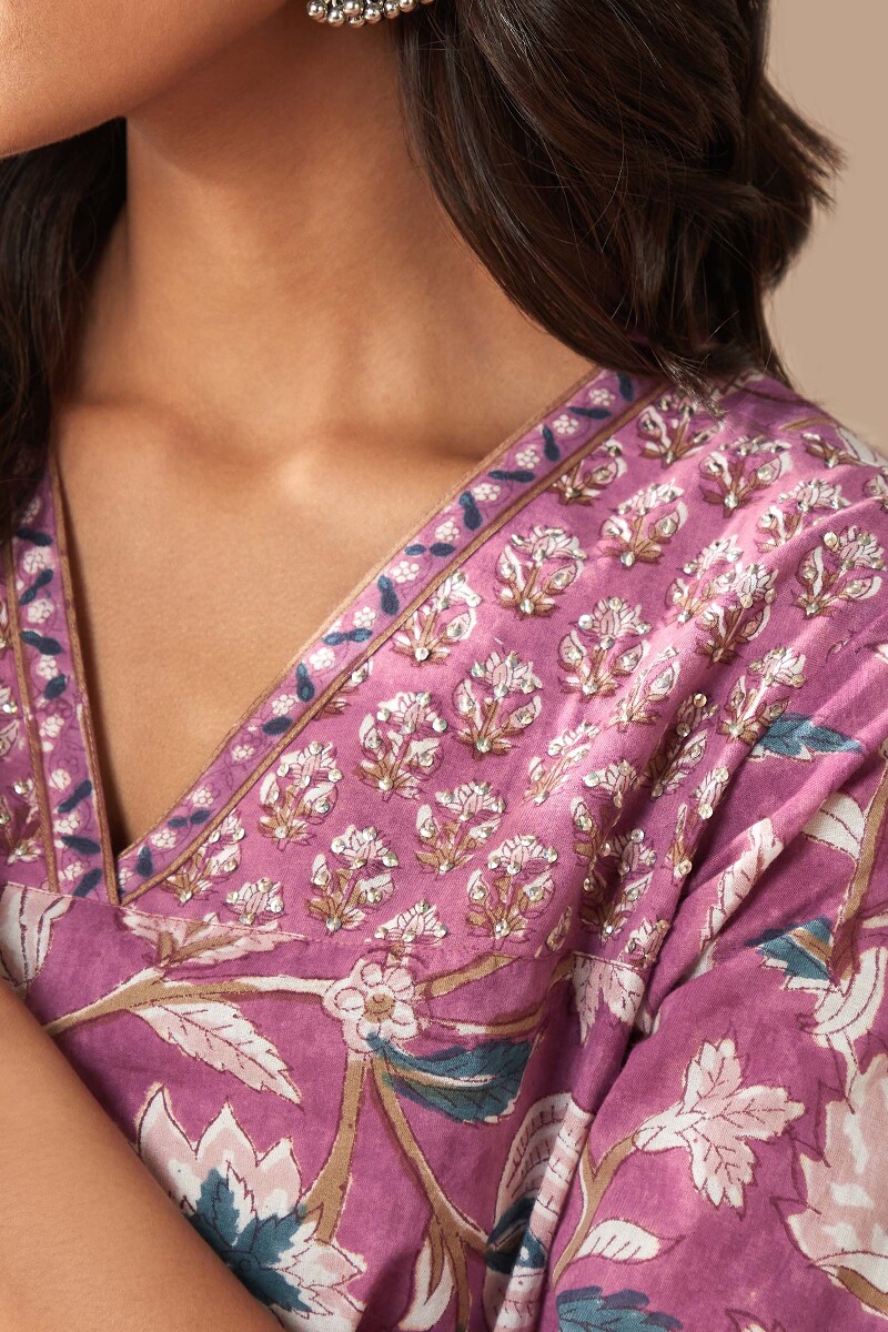 Purple Hand Block-Printed Straight Cotton Kurta