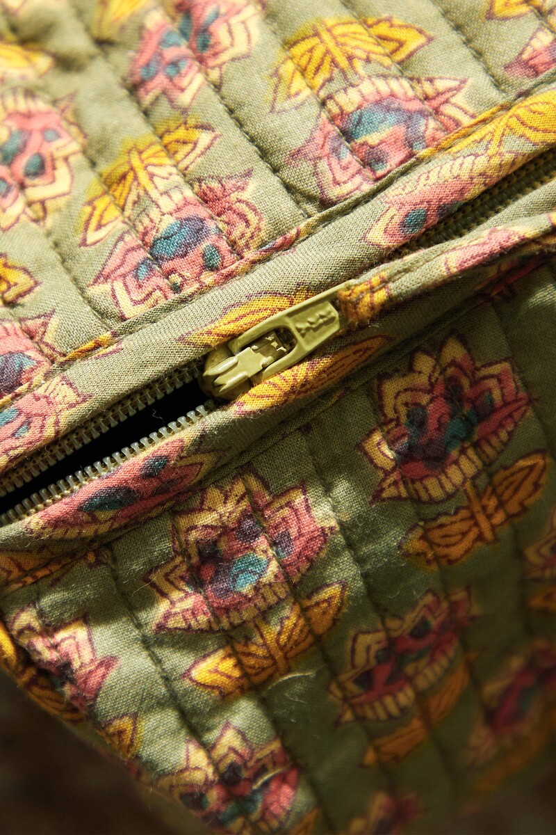 Green Hand Block-Printed Cotton Vanity Pouch