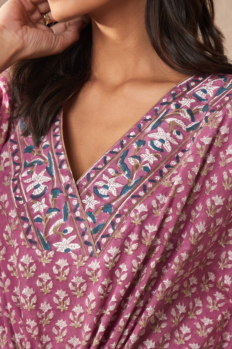 Purple Hand Block-Printed Cotton Kaftan
