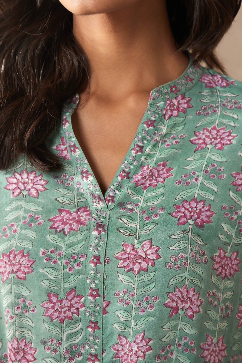 Green Hand Block-Printed Viscose Top