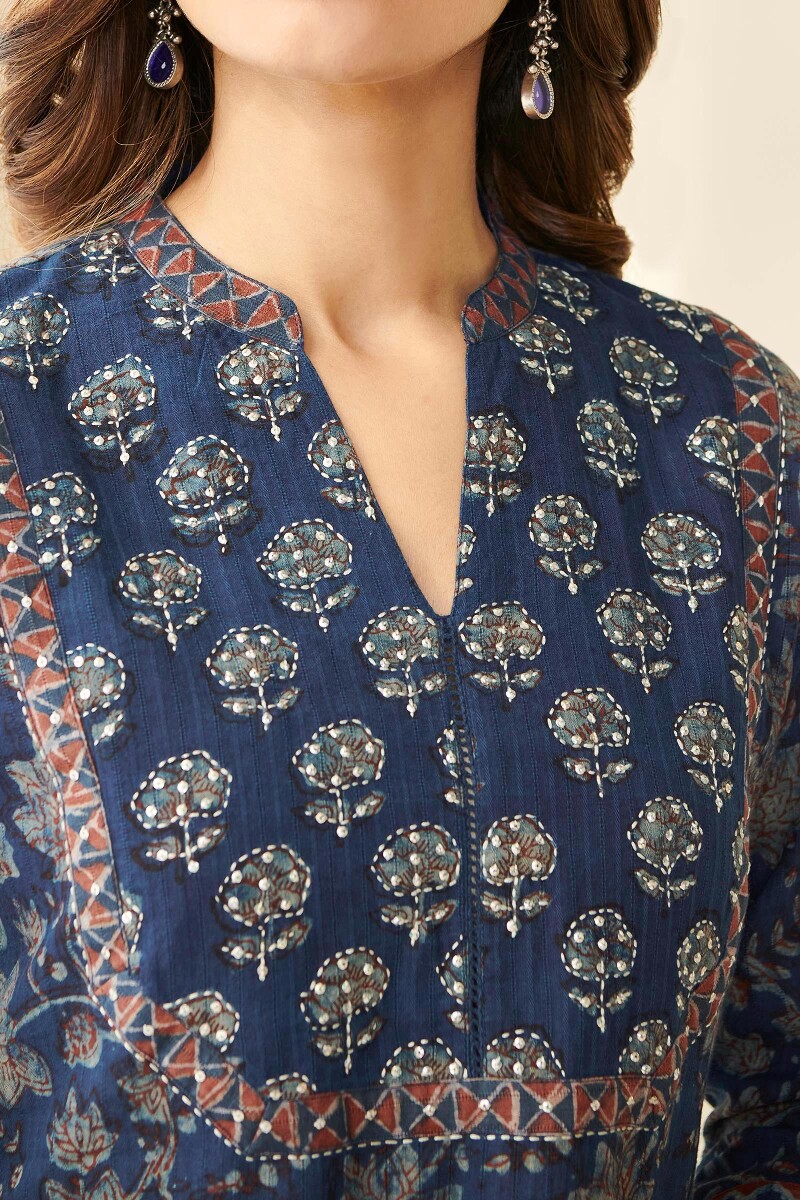 Akola Hand Block-Printed Straight Cotton Dobby Kurta