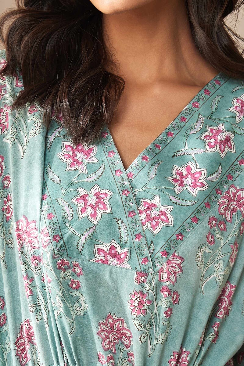 Green Hand Block-Printed Viscose Kaftan