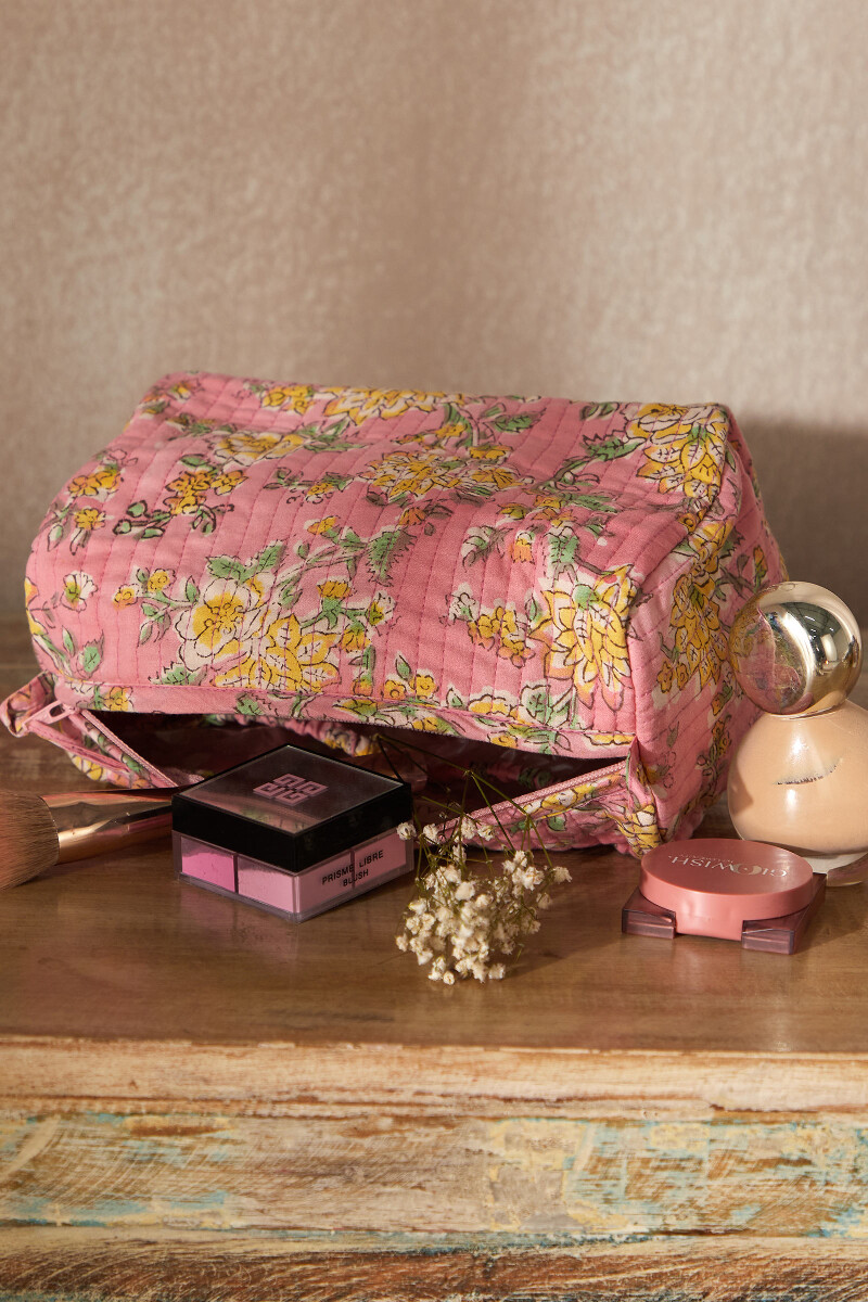 Pink Hand Block-Printed Cotton Vanity Pouch