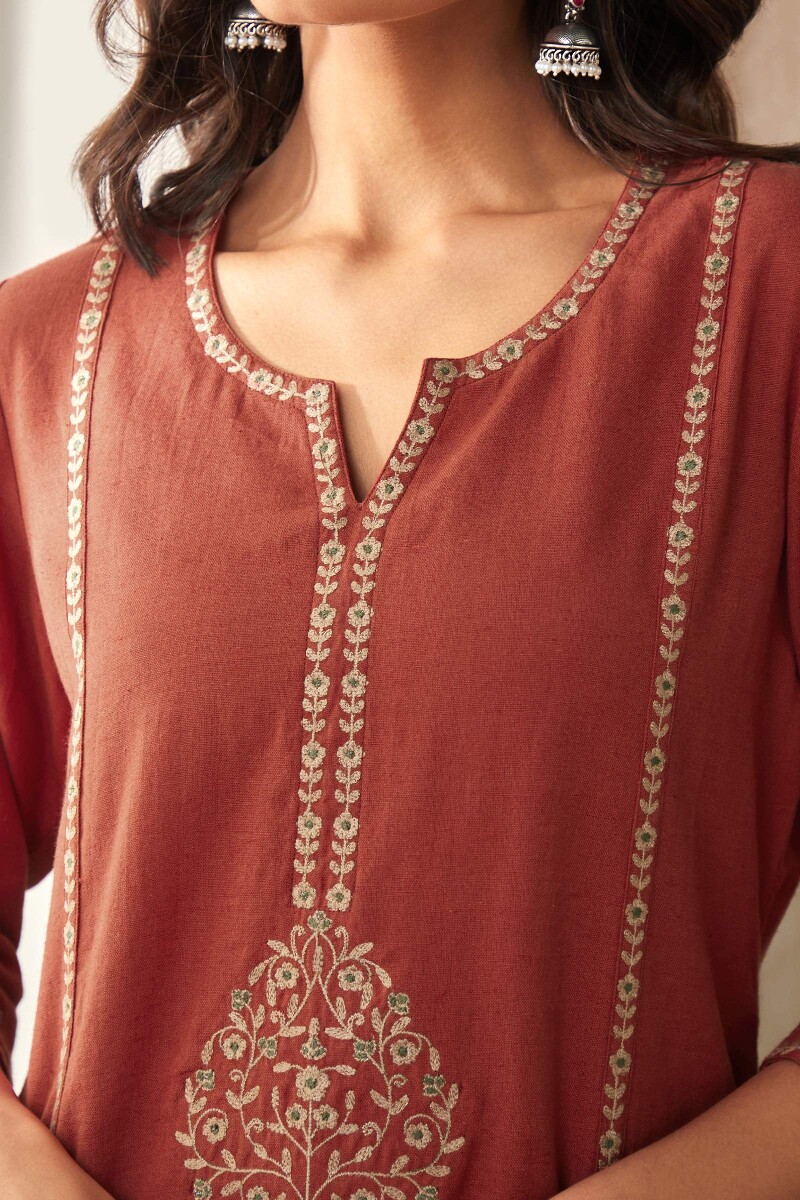 Red Handcrafted Straight Cotton Flax Kurta