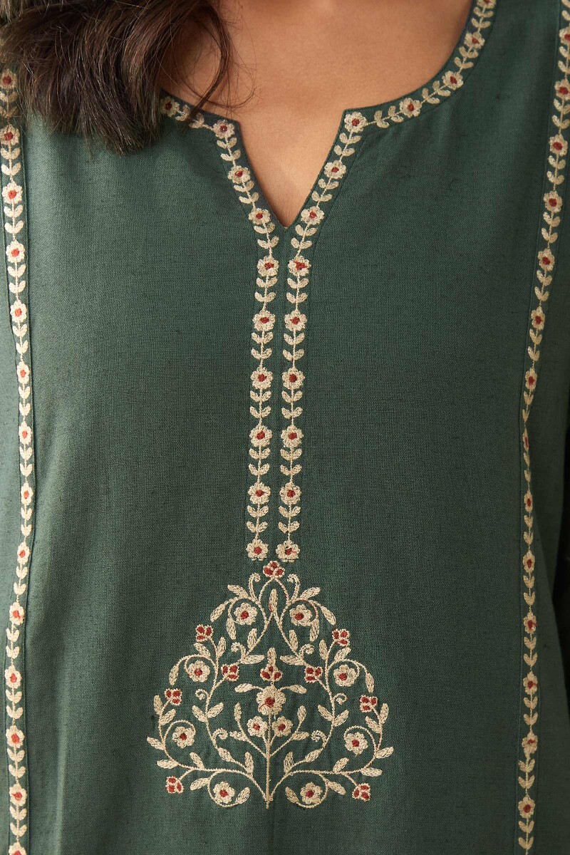 Green Handcrafted Straight Cotton Flax Kurta