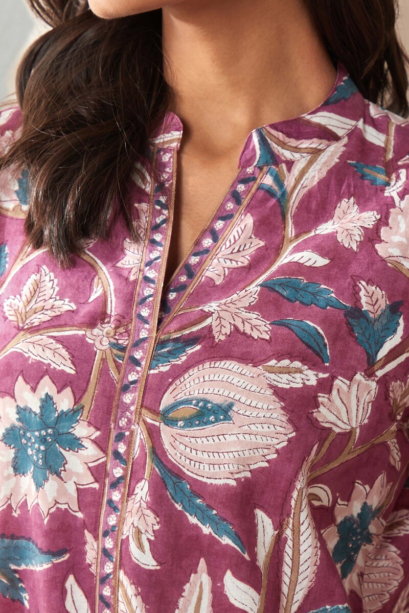 Purple Hand Block-Printed Cotton Loungewear Set