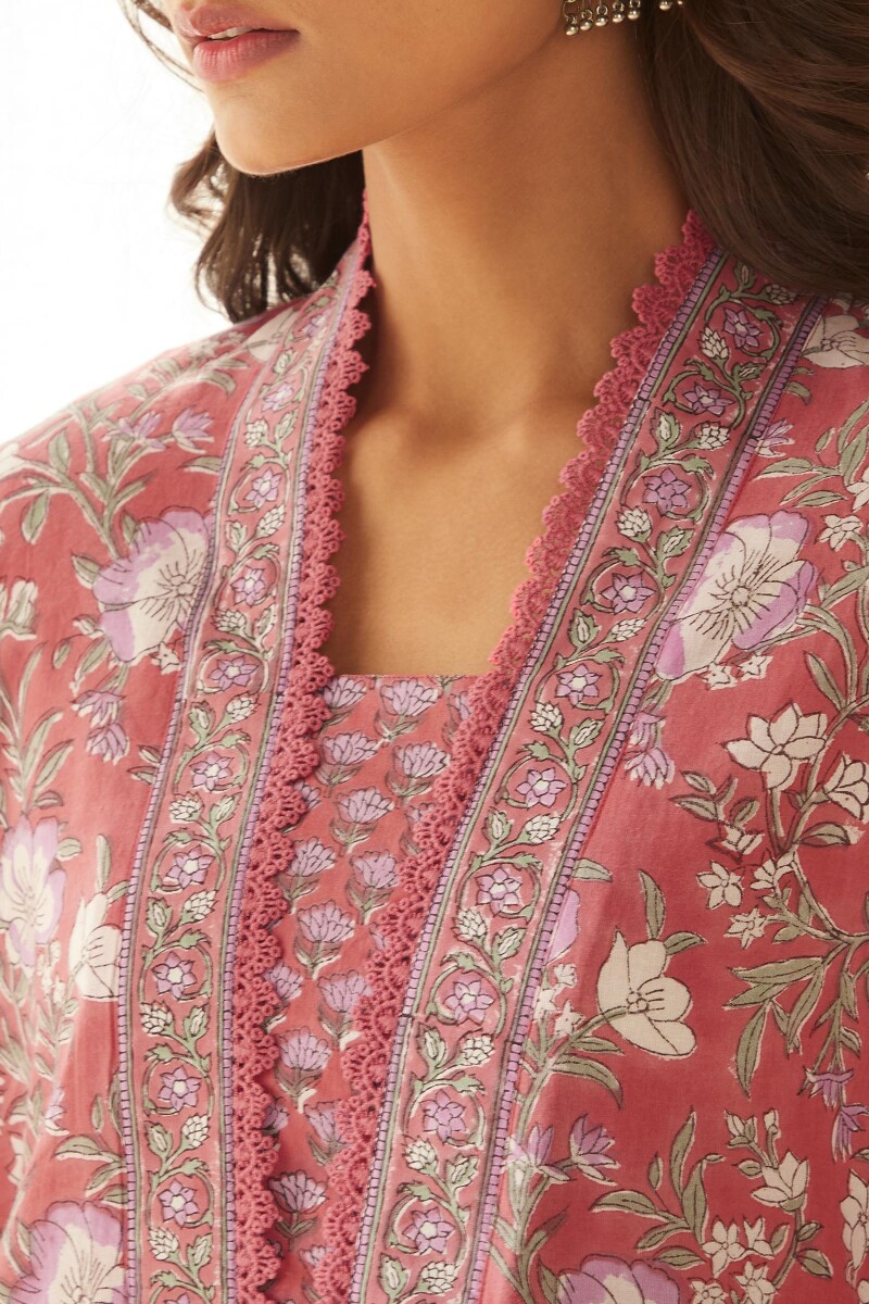 Pink Hand Block-Printed Straight Cotton Kurta