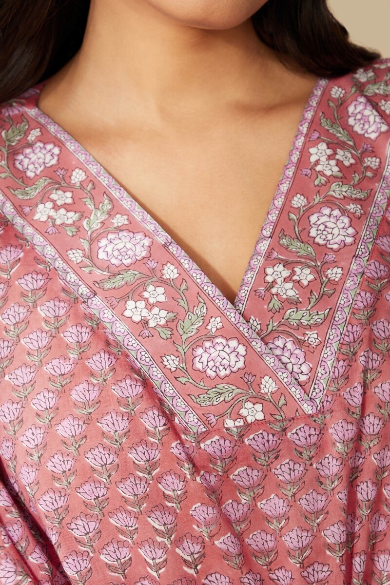Pink Hand Block-Printed Cotton Mul Kaftan
