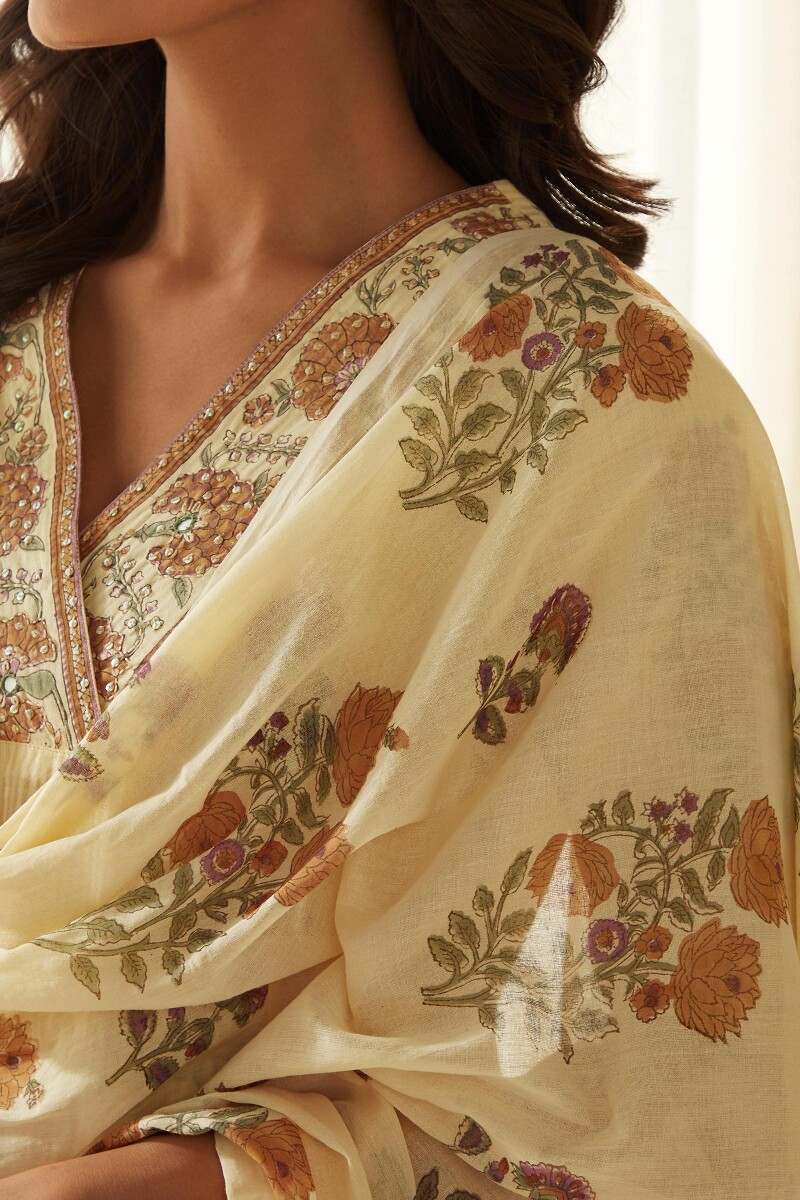 Yellow Hand Block-Printed Cotton Mul Dupatta