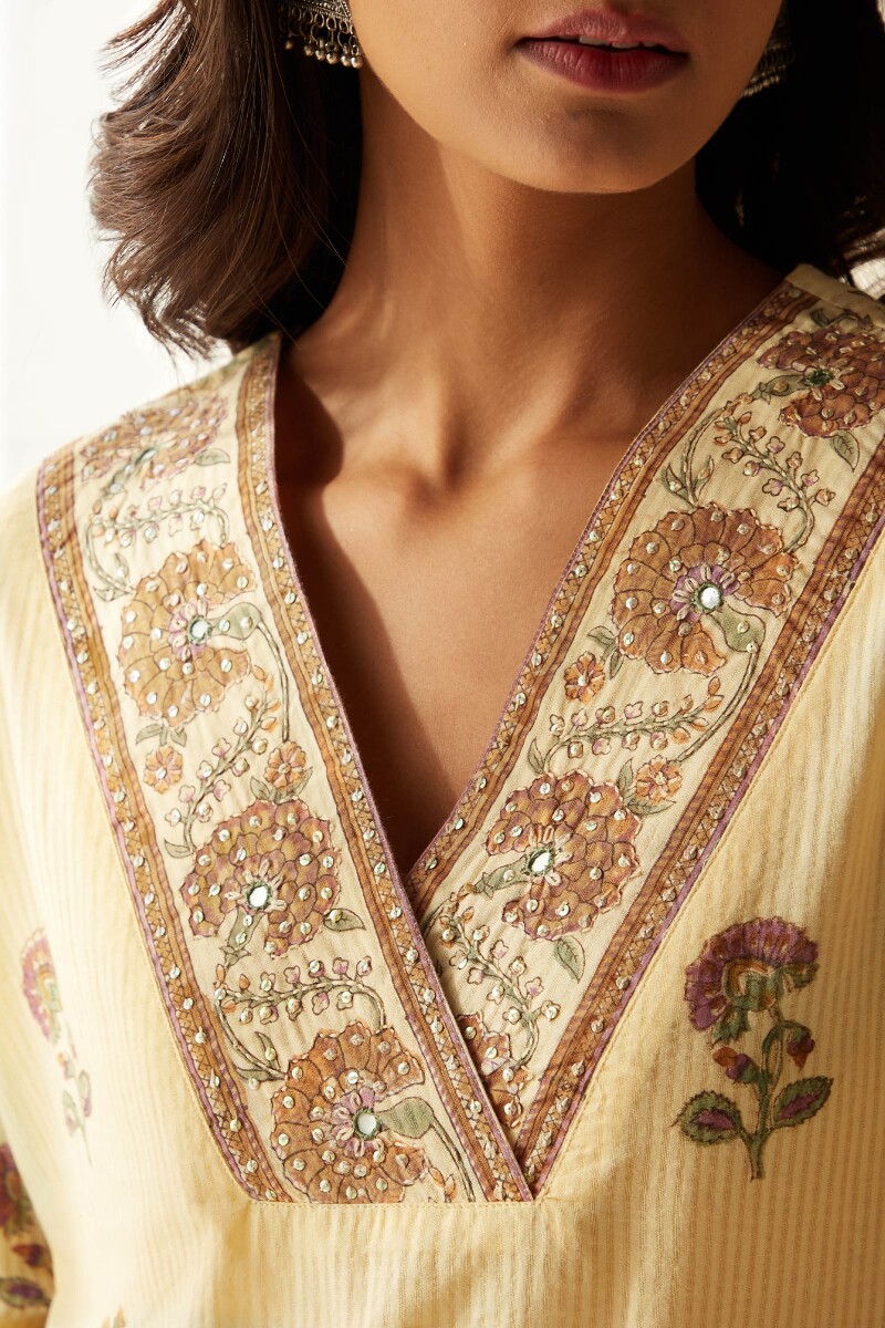 Beige Hand Block-Printed Straight Cotton Dobby Kurta