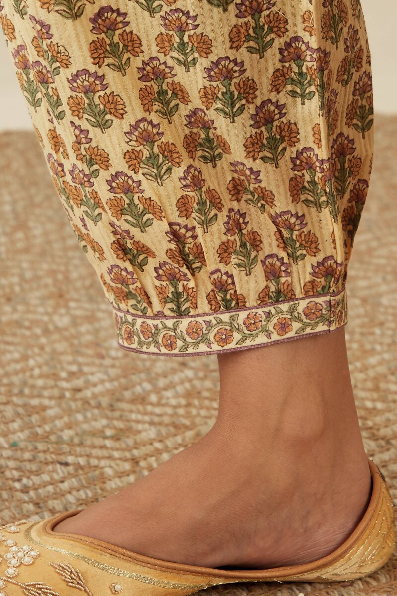 Beige Hand Block-Printed Cotton Dobby Izhaar Pants