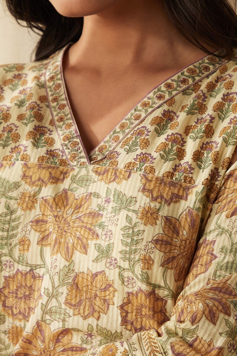 Beige Hand Block-Printed Cotton Dobby Loungewear Set