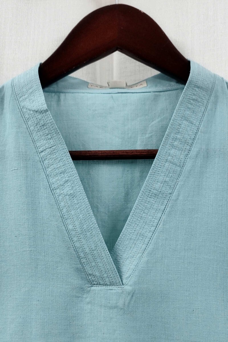 Turquoise Handcrafted Straight Handloom Cotton Kurta