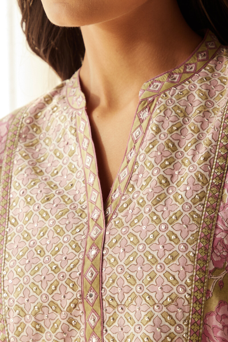 Green Hand Block-Printed Straight Cotton Kurta