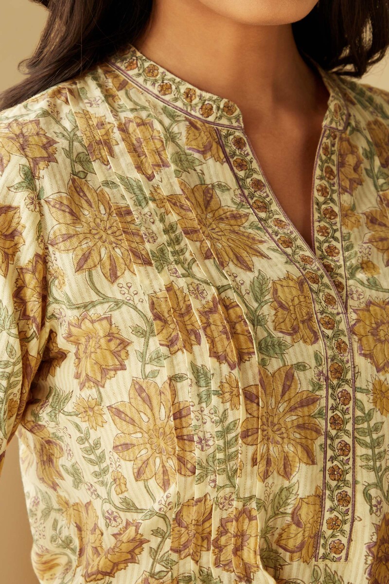 Beige Hand Block-Printed Cotton Dobby Top