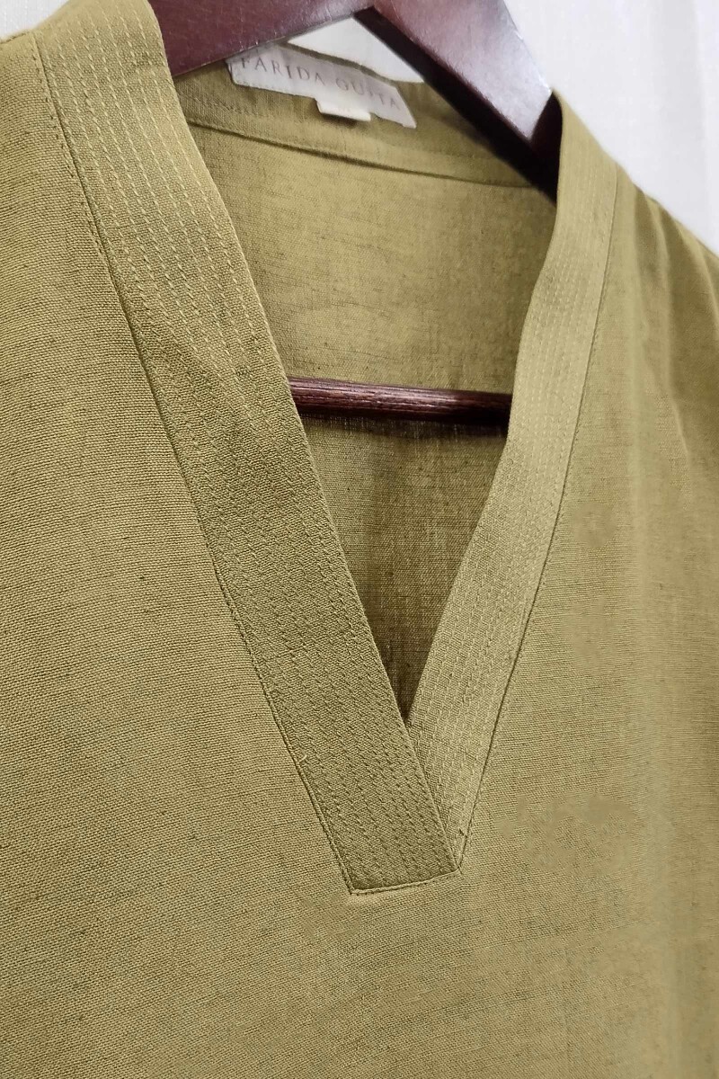 Olive Green Handcrafted Straight Handloom Cotton Kurta