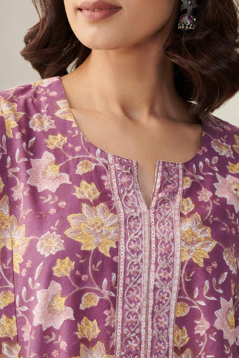 Purple Hand Block-Printed Cotton Kaftan