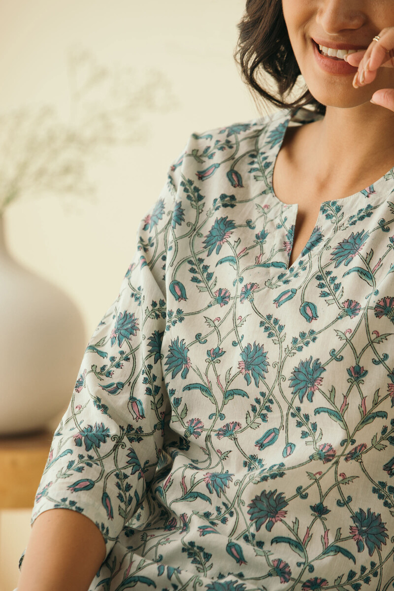 White Hand Block-Printed Cotton Loungewear Set