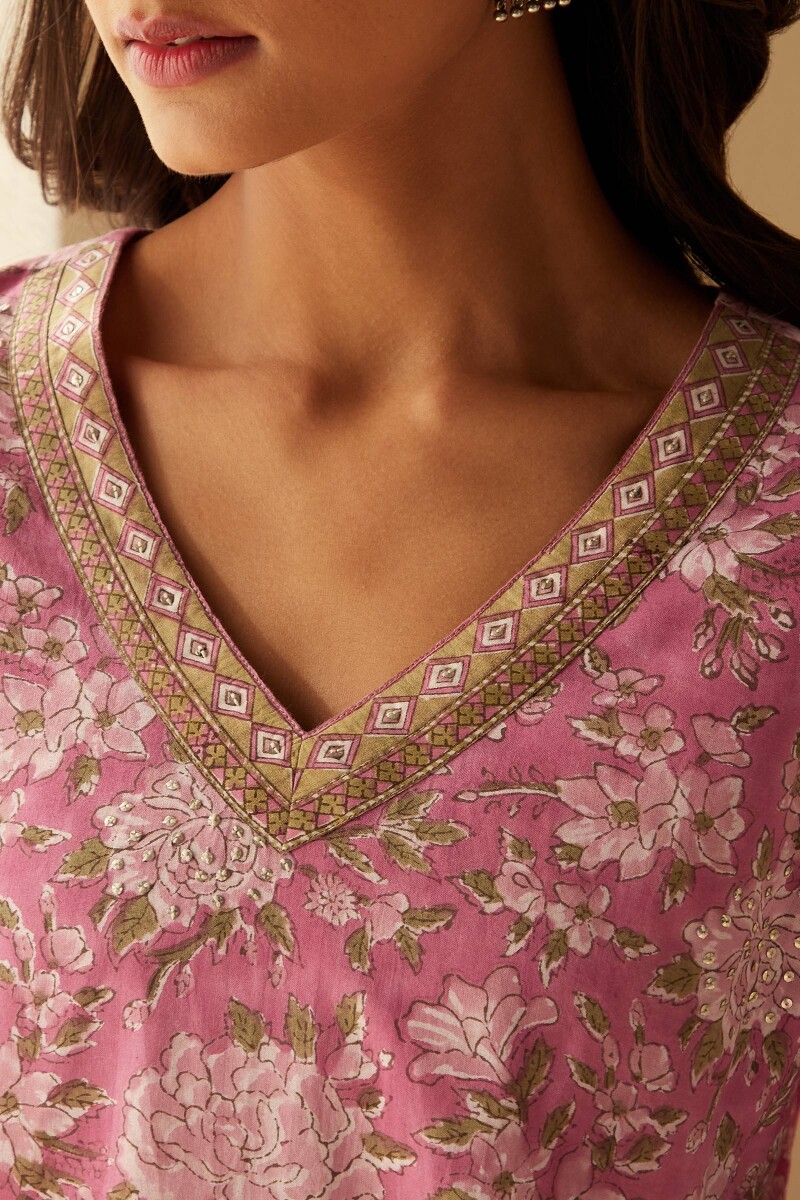 Pink Hand Block-Printed Straight Cotton Kurta