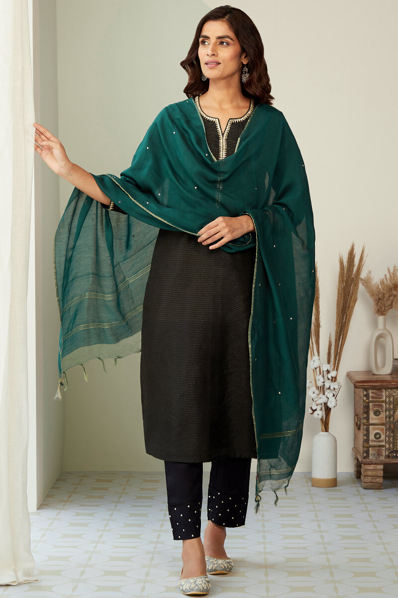 Black Handcrafted Straight Chanderi Kurta
