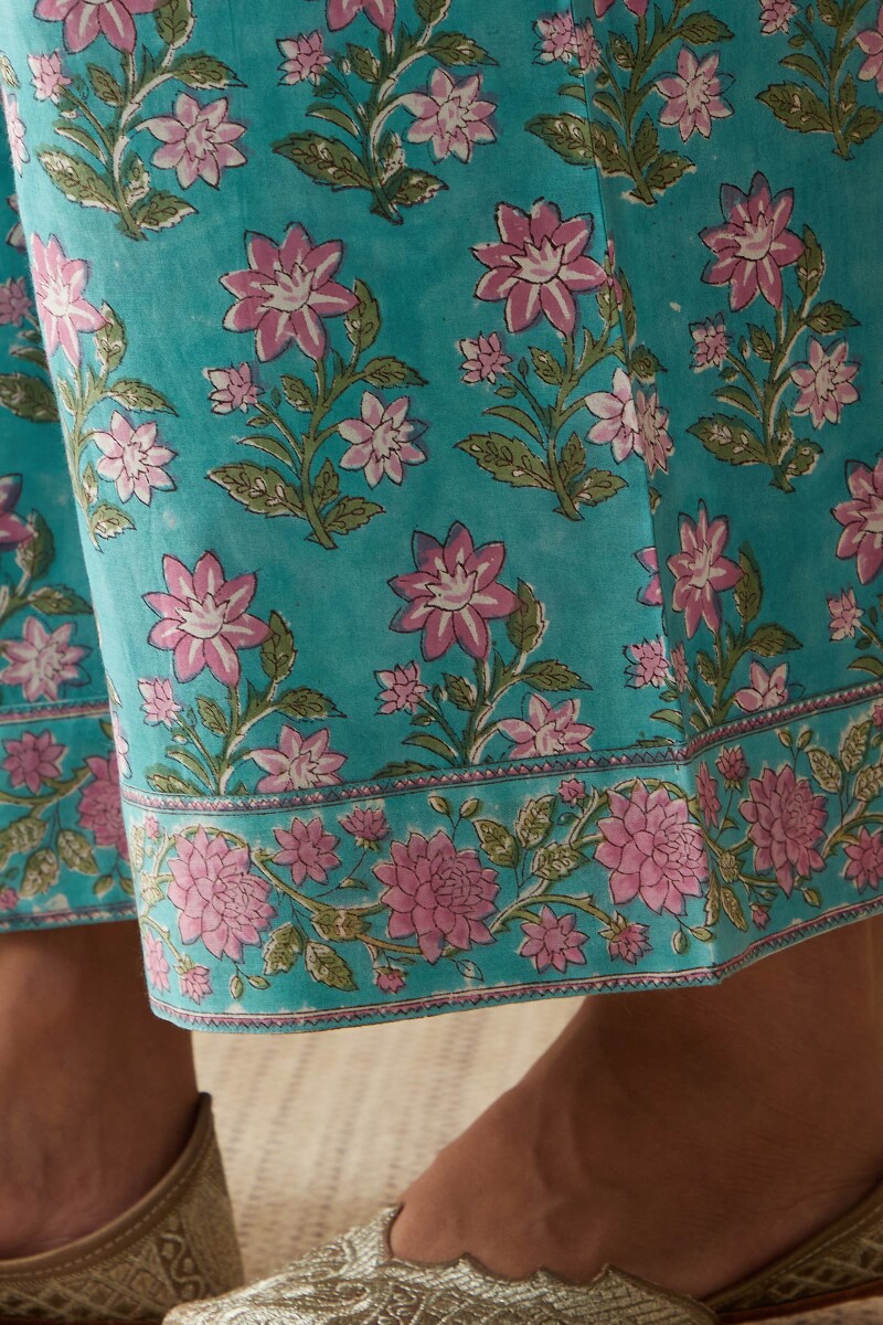 Green Hand Block-Printed Cotton Farsi Pants