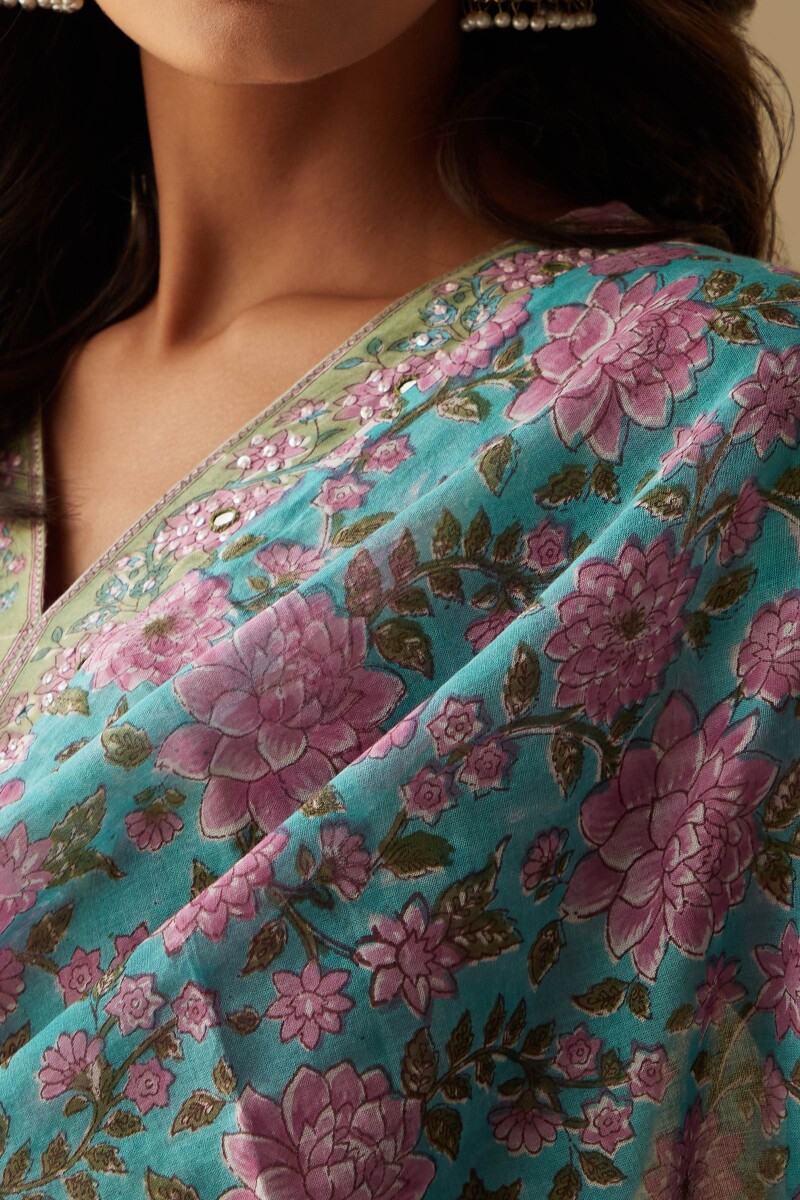 Green Hand Block-Printed Cotton Mul Dupatta