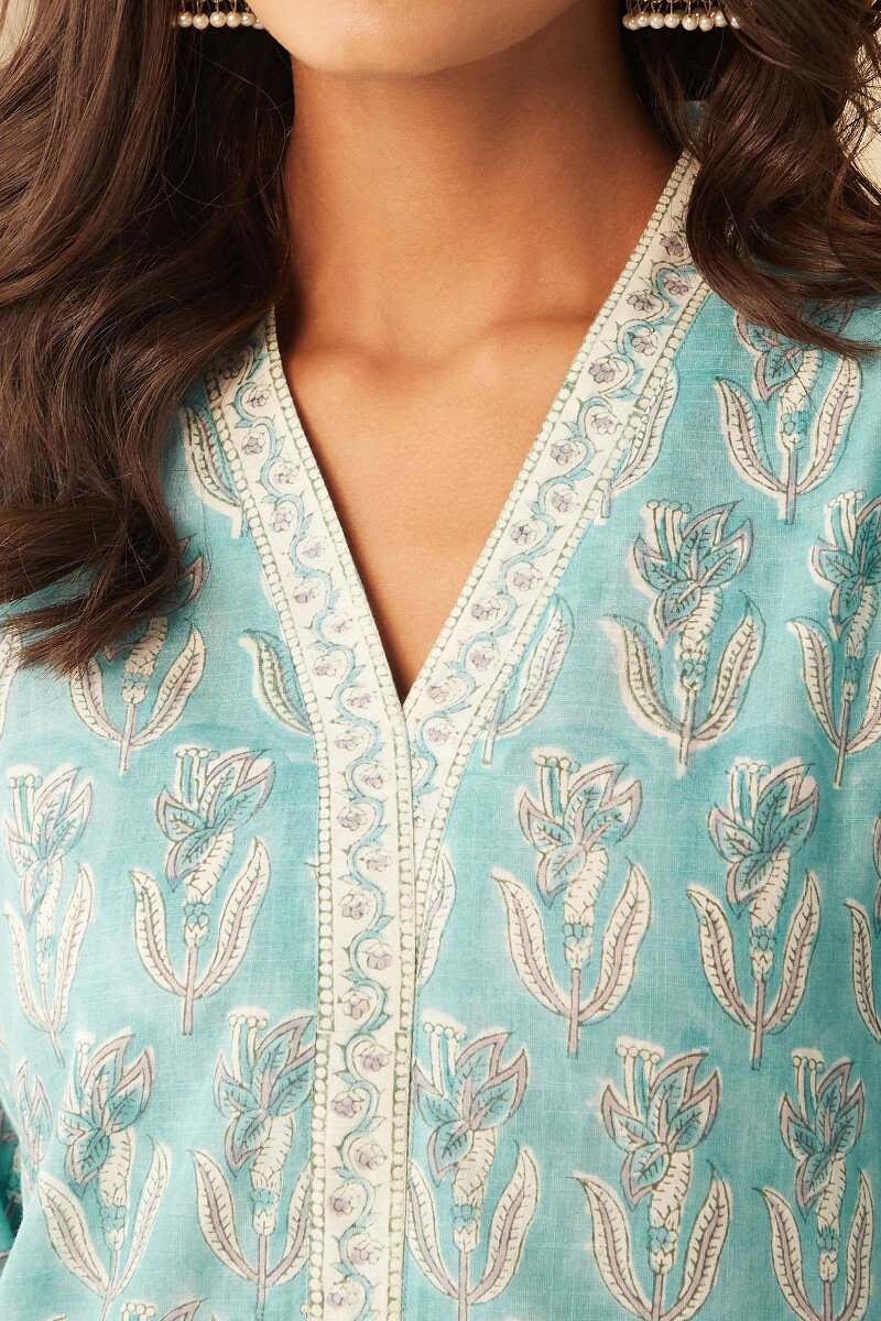 Blue Hand Block-Printed Straight Cotton Slub Kurta