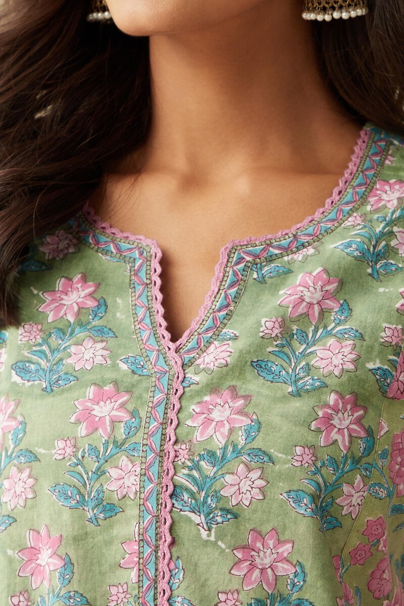 Green Hand Block-Printed Straight Cotton Kurta