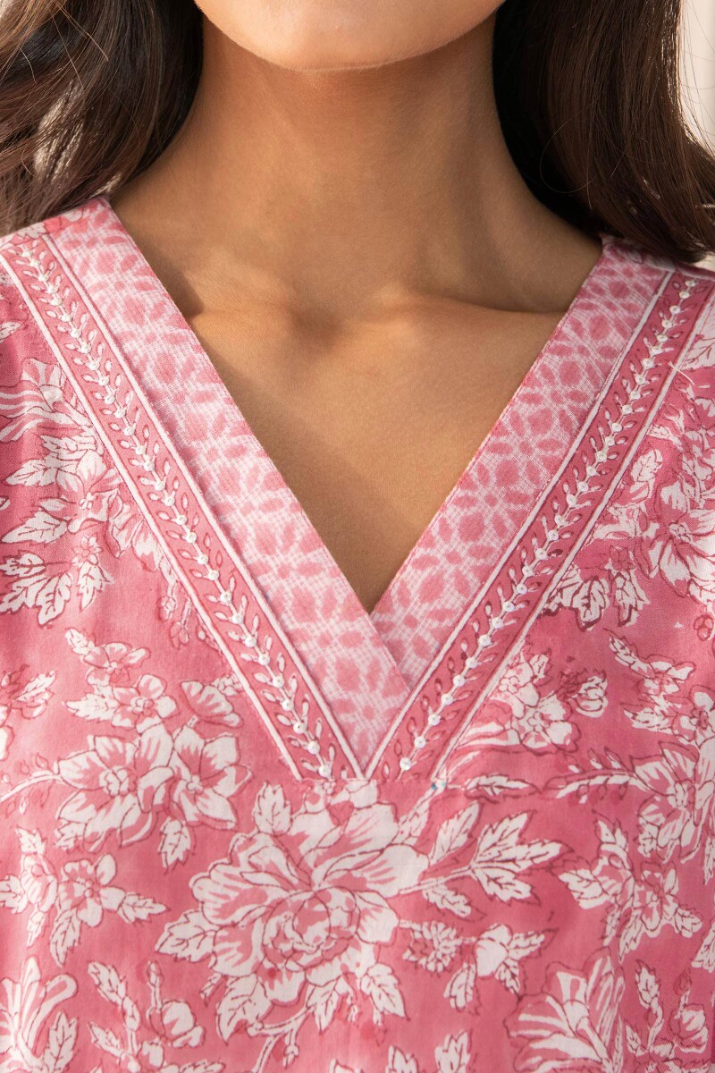 Pink Hand Block-Printed Straight Cotton Kurta