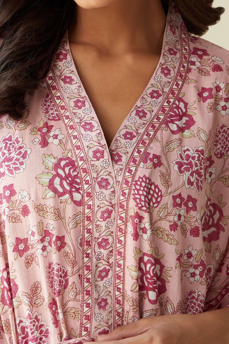 Pink Hand Printed Cotton Mul Kaftan