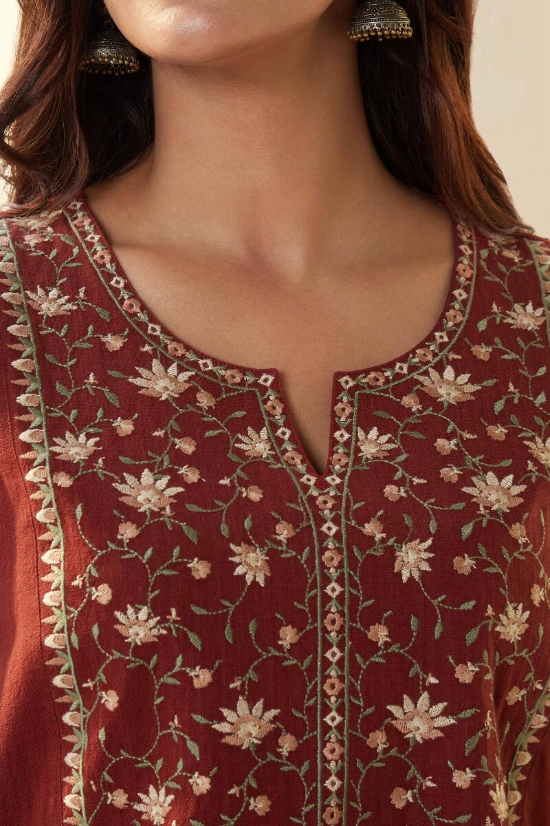 Red Handcrafted Straight Cotton Flax Kurta