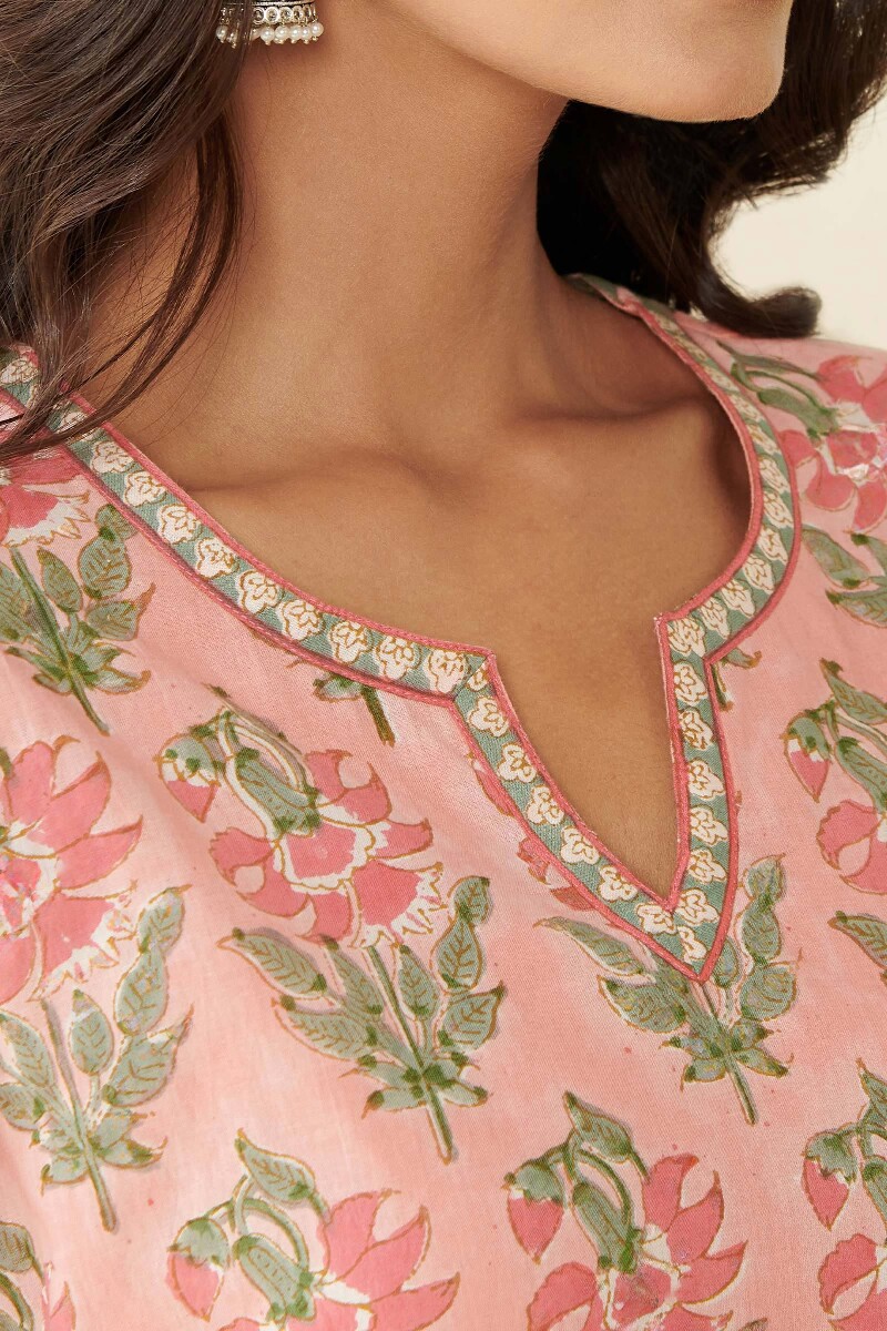 Peach Hand Block-Printed Straight Cotton Kurta