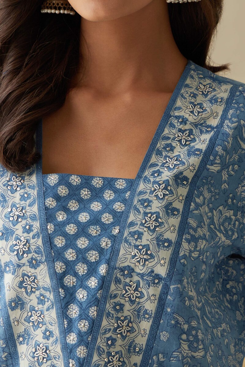 Indigo Hand Block-Printed Straight Cotton Kurta