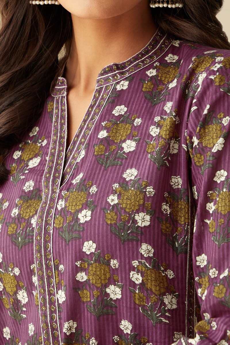 Purple Hand Printed Straight Cotton Dobby Kurta