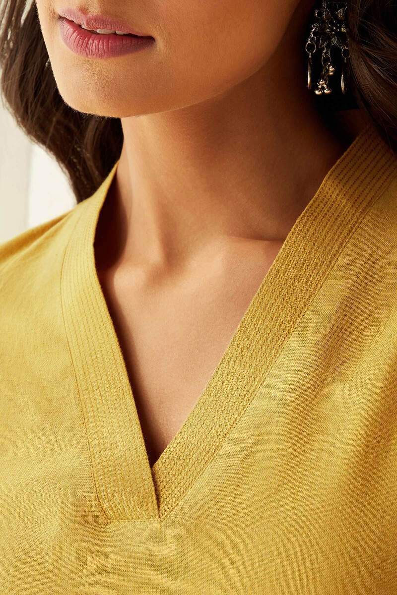 Mustard Handcrafted Straight Cotton Flax Kurta