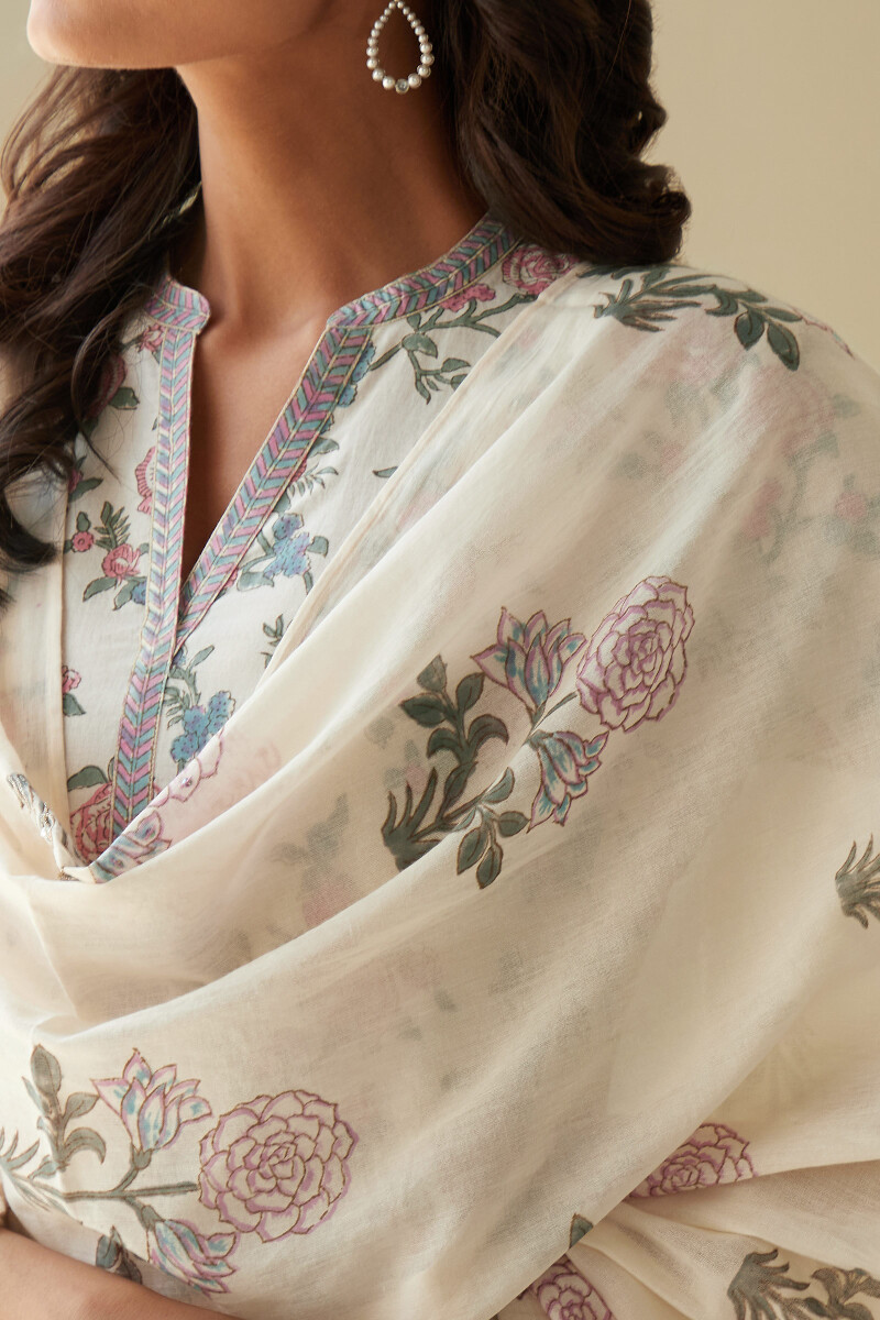 Beige Hand Block-Printed Cotton Mul Dupatta