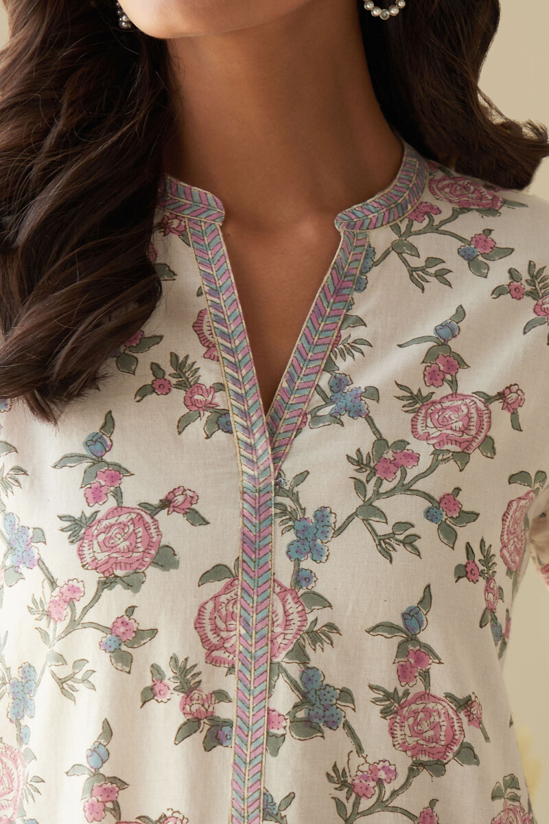 Off-White Hand Block-Printed Straight Cotton Kurta