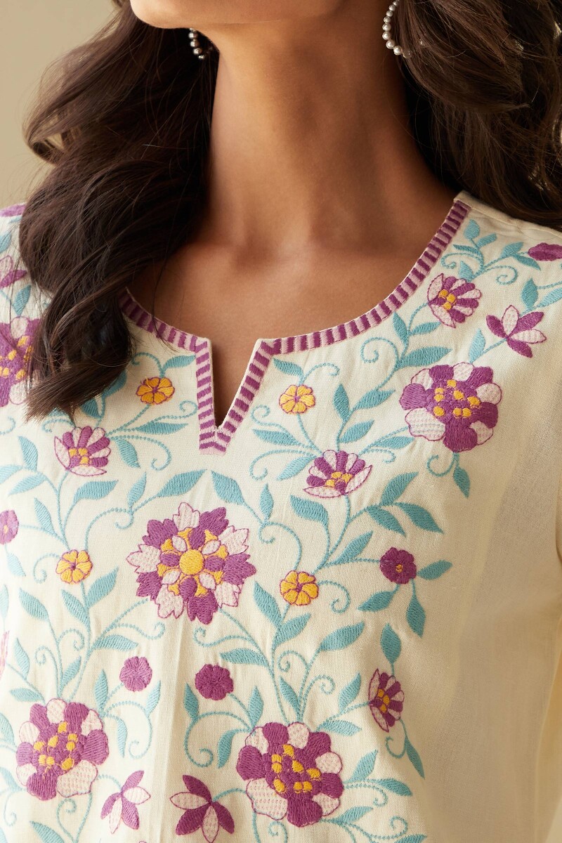 Cream Handcrafted Straight Cotton Flax Kurta