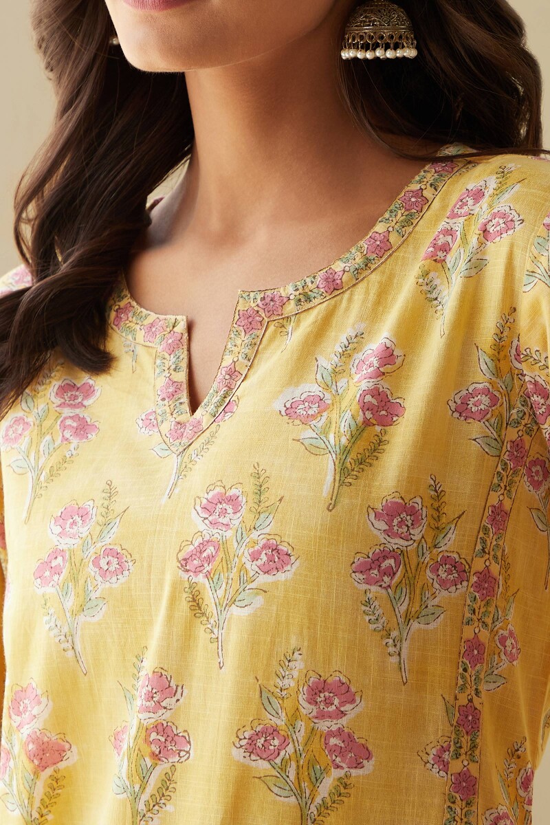Yellow Hand Block-Printed Straight Cotton Slub Kurta