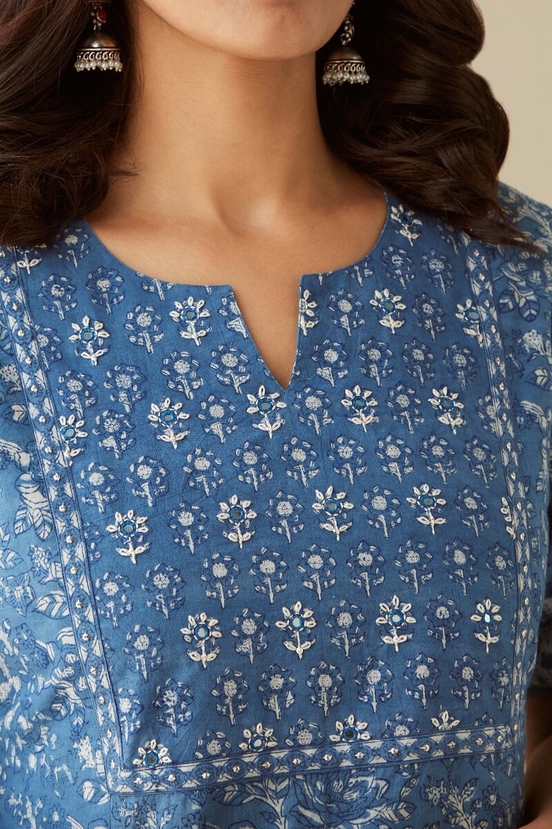 Indigo Hand Block-Printed Straight Cotton Kurta
