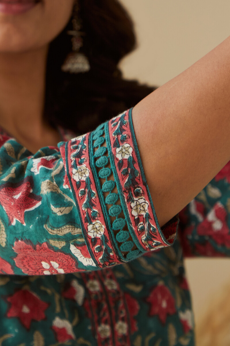 Green Hand Block-Printed A-Line Cotton Kurta