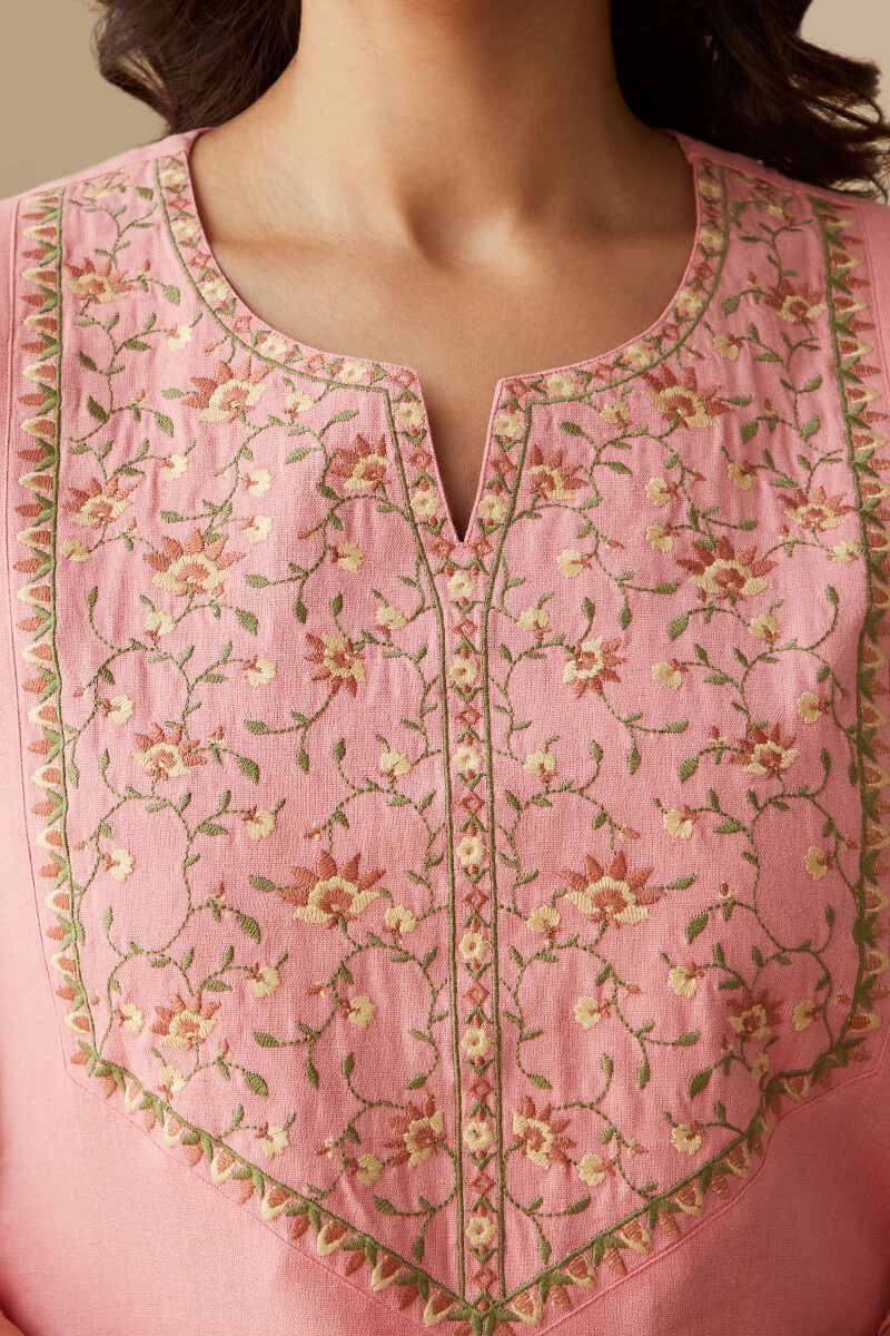 Pink Handcrafted Straight Cotton Flax Kurta